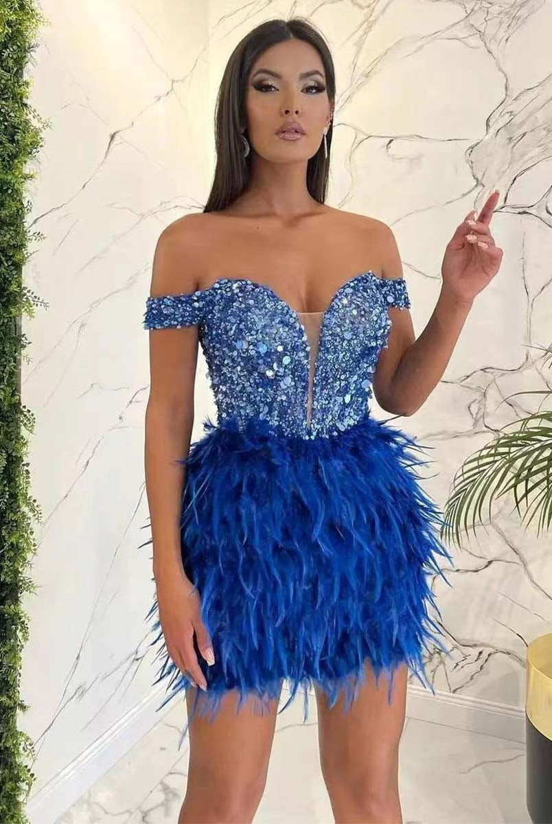 Party-Ready Sequin Off-Shoulder Mini Dress with Feather Details