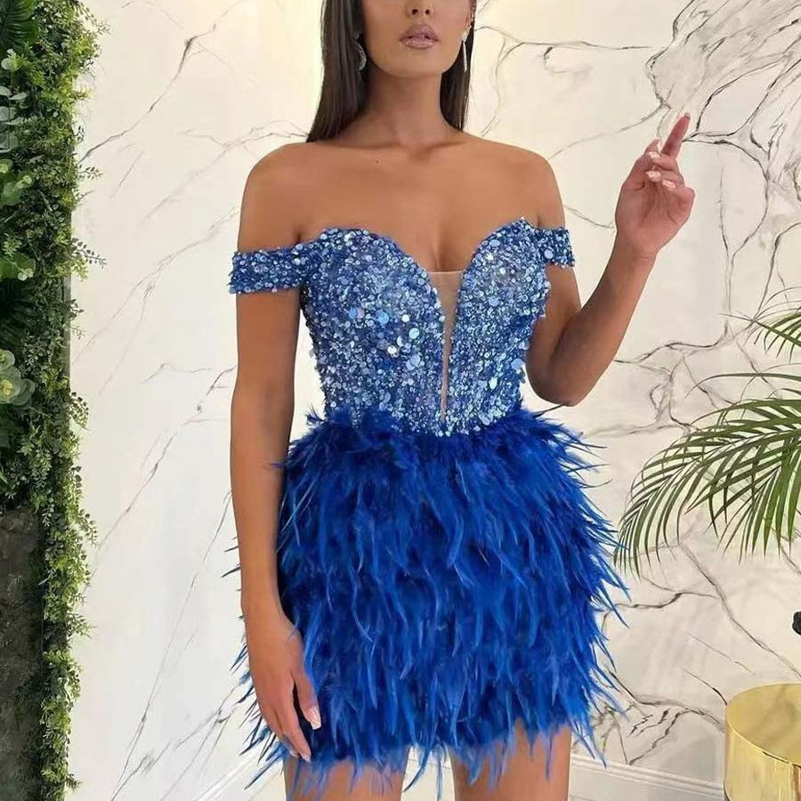 Party-Ready Sequin Off-Shoulder Mini Dress with Feather Details