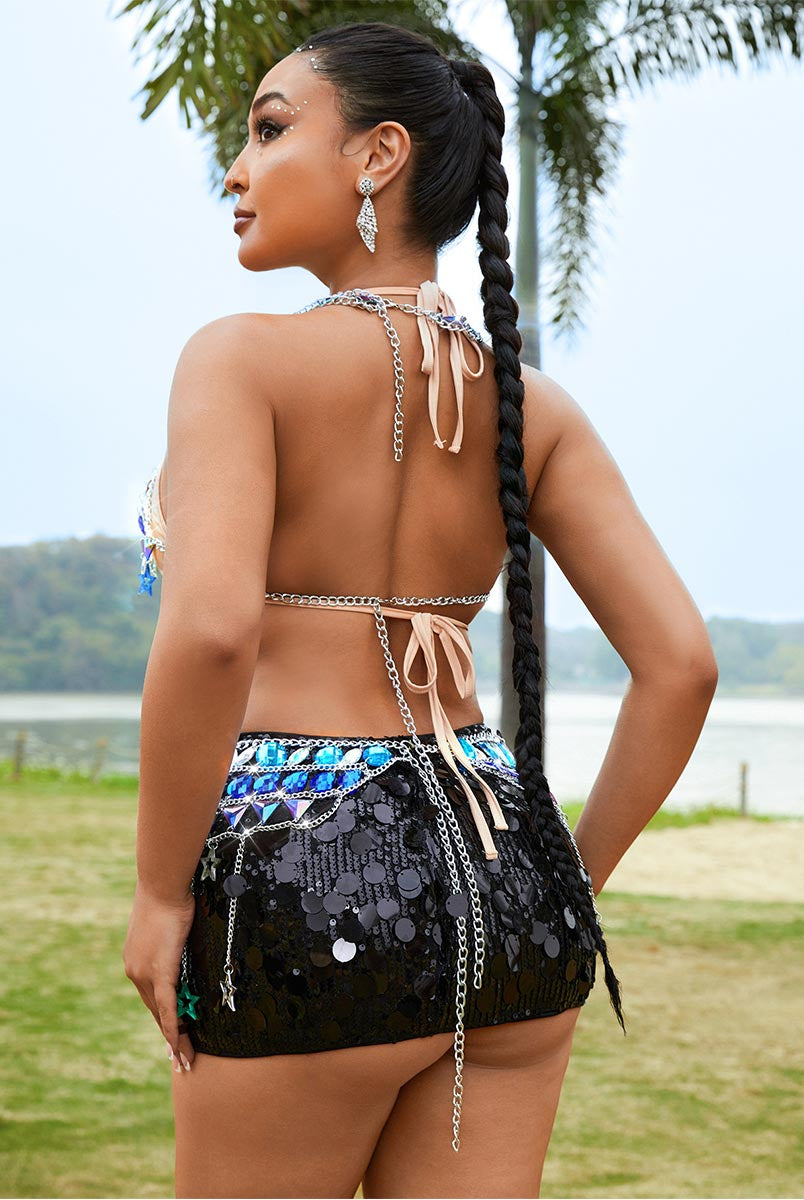Beach Body Chain Star Rhinestone Skirt Set