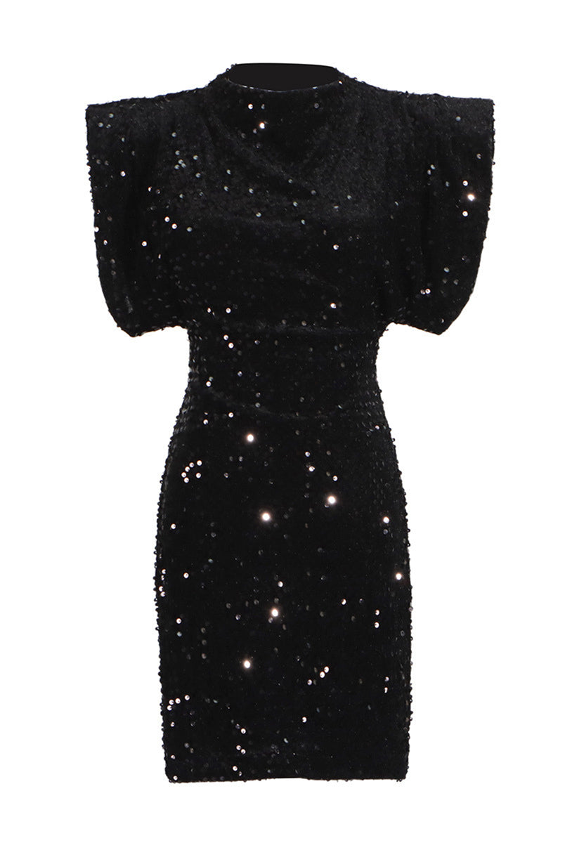 Padded Shoulder Fitted Sequin Bodycon Dress