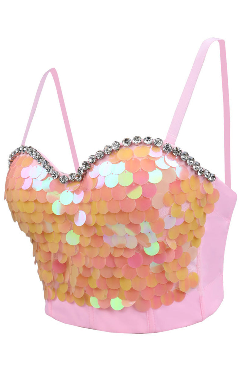 Women's Sequin Rhinestone Corset Top with Adjustable Straps