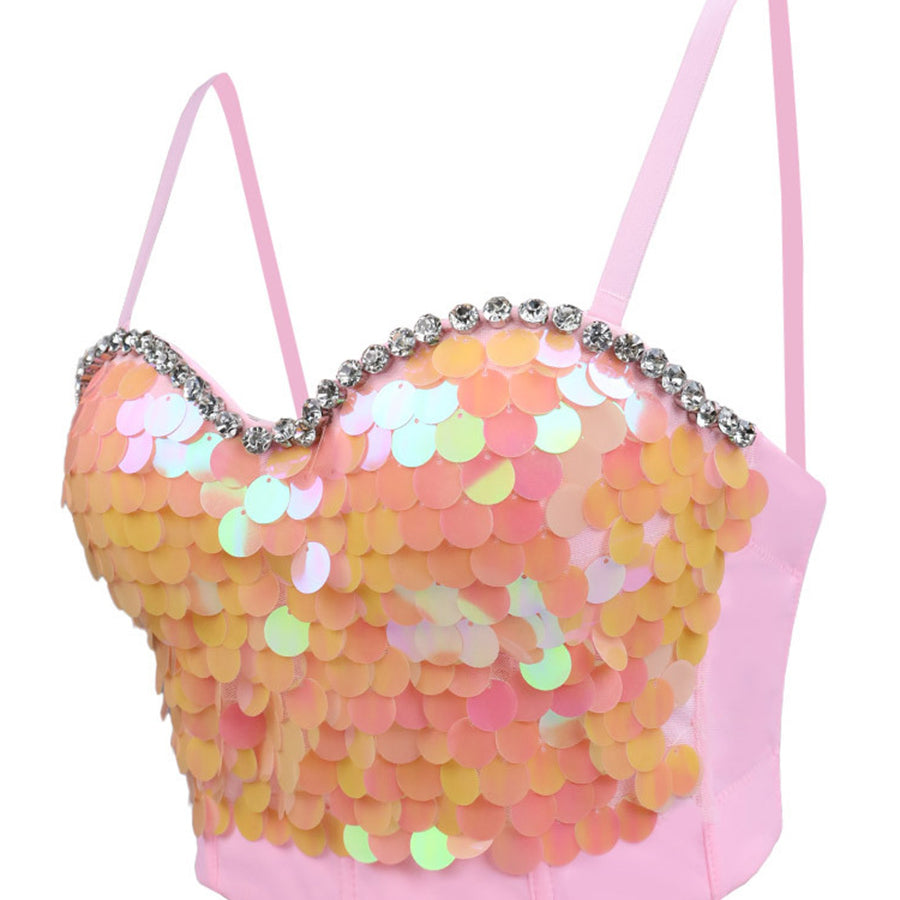 Women's Sequin Rhinestone Corset Top with Adjustable Straps