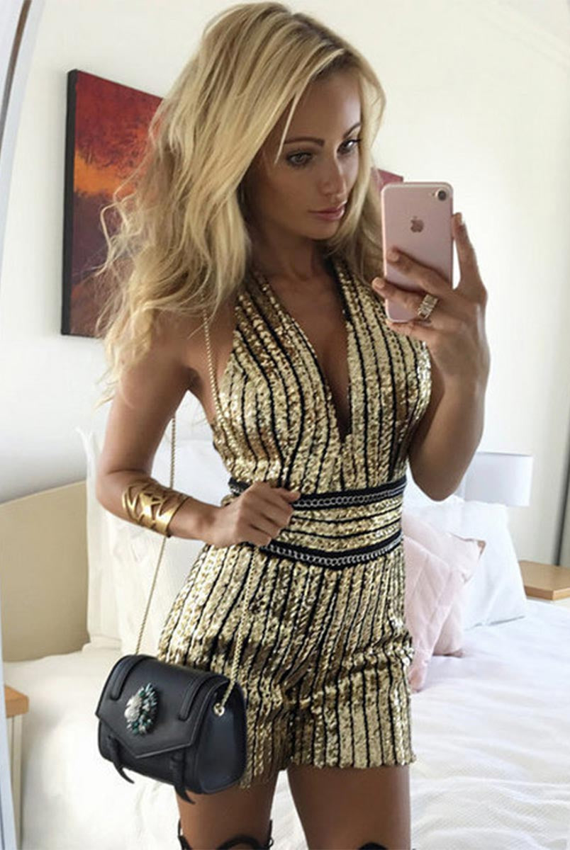 Sequin Jumpsuit - Fashionable V-Neck and Belted