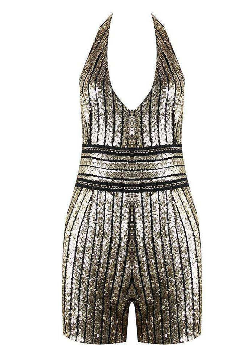 Sparkly Sequin Jumpsuit - Fashion V-Neck, Belted