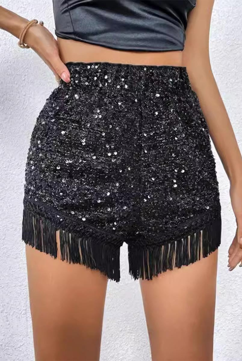 Glitter Fringe Hem Shorts - Solid Color