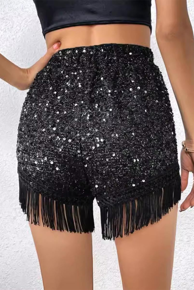Solid Shorts with Glitter and Fringe Hem