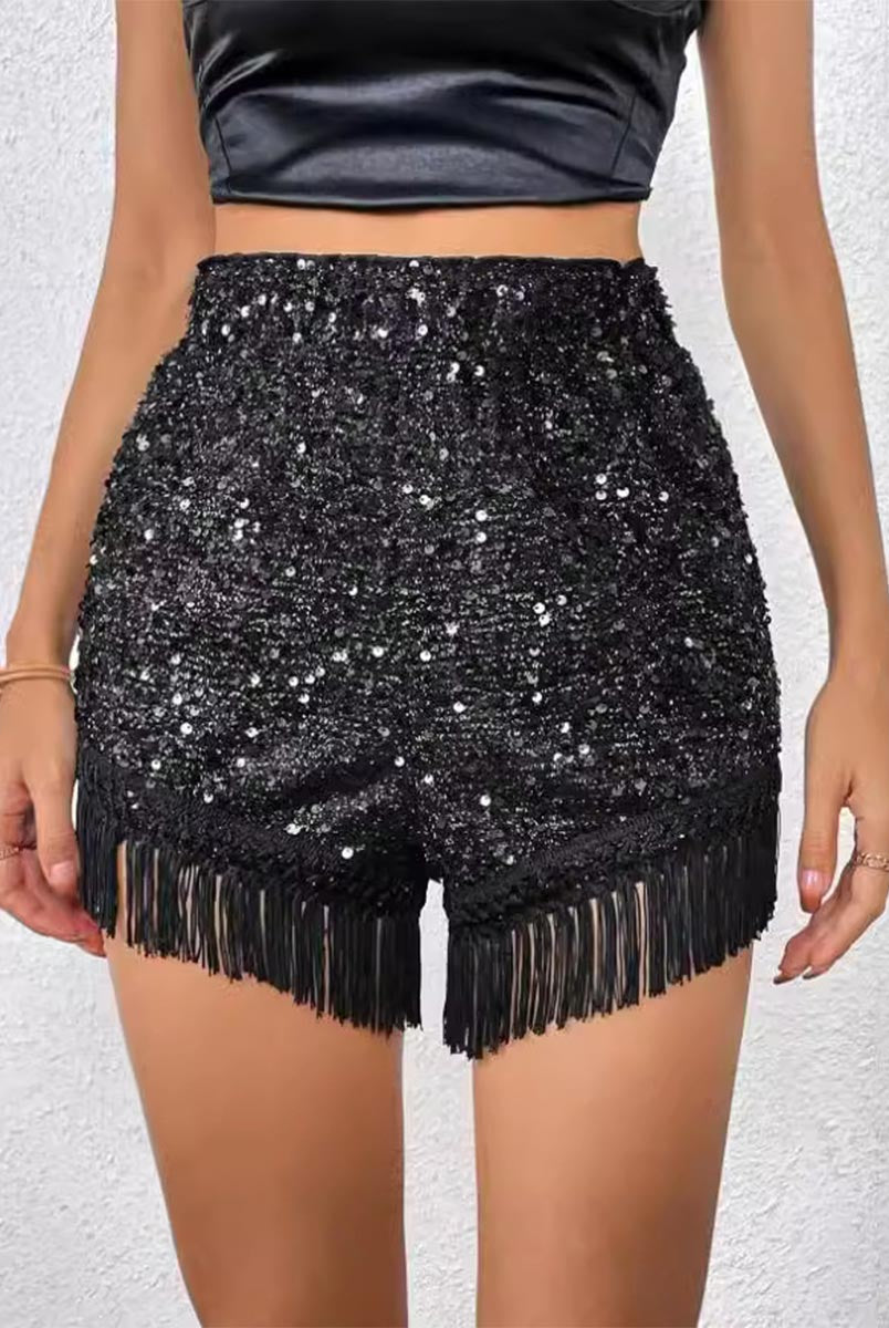Fringe Hem Shorts - Solid Color Glitter Detail