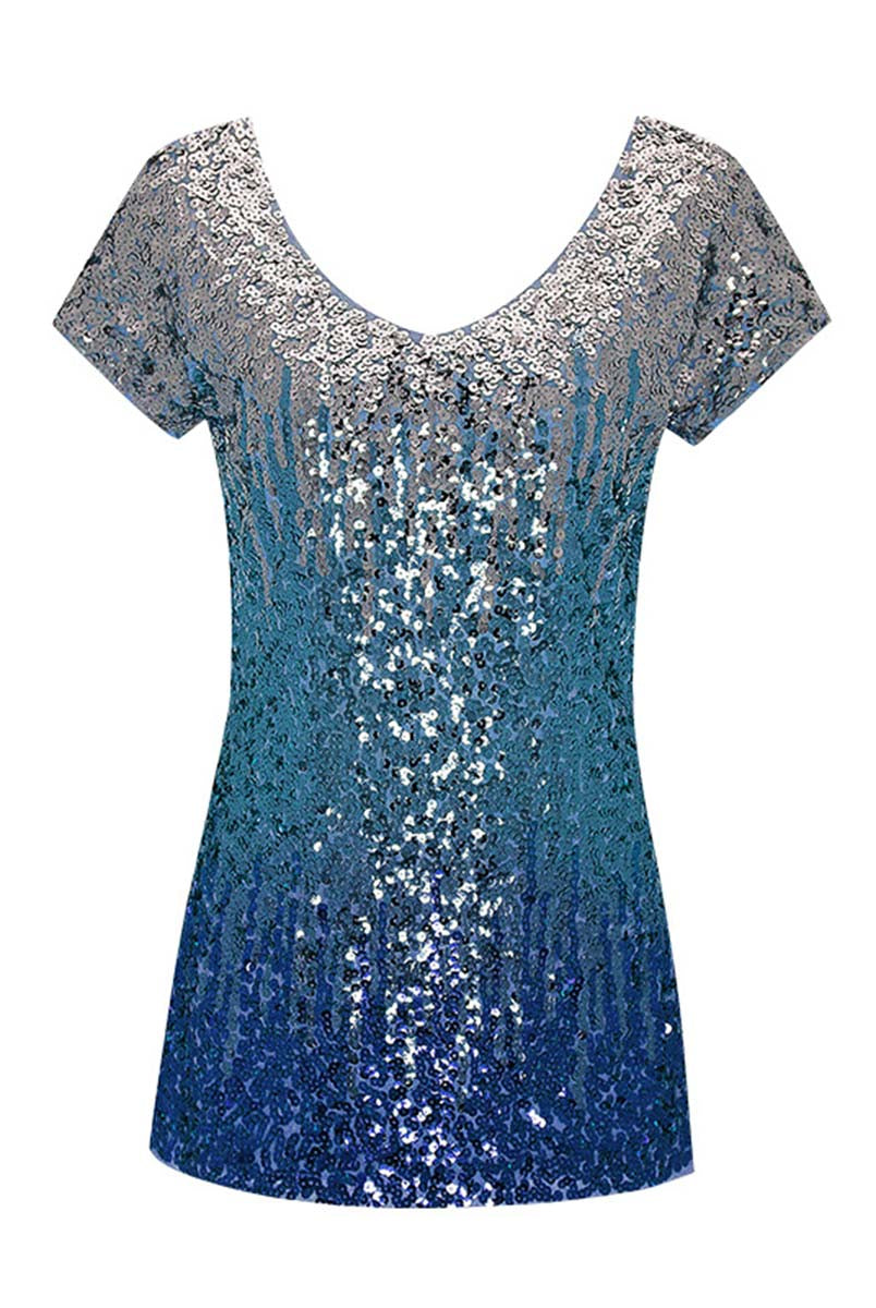 Ombre Sequin Short-Sleeve V-Neck Fitted Tee