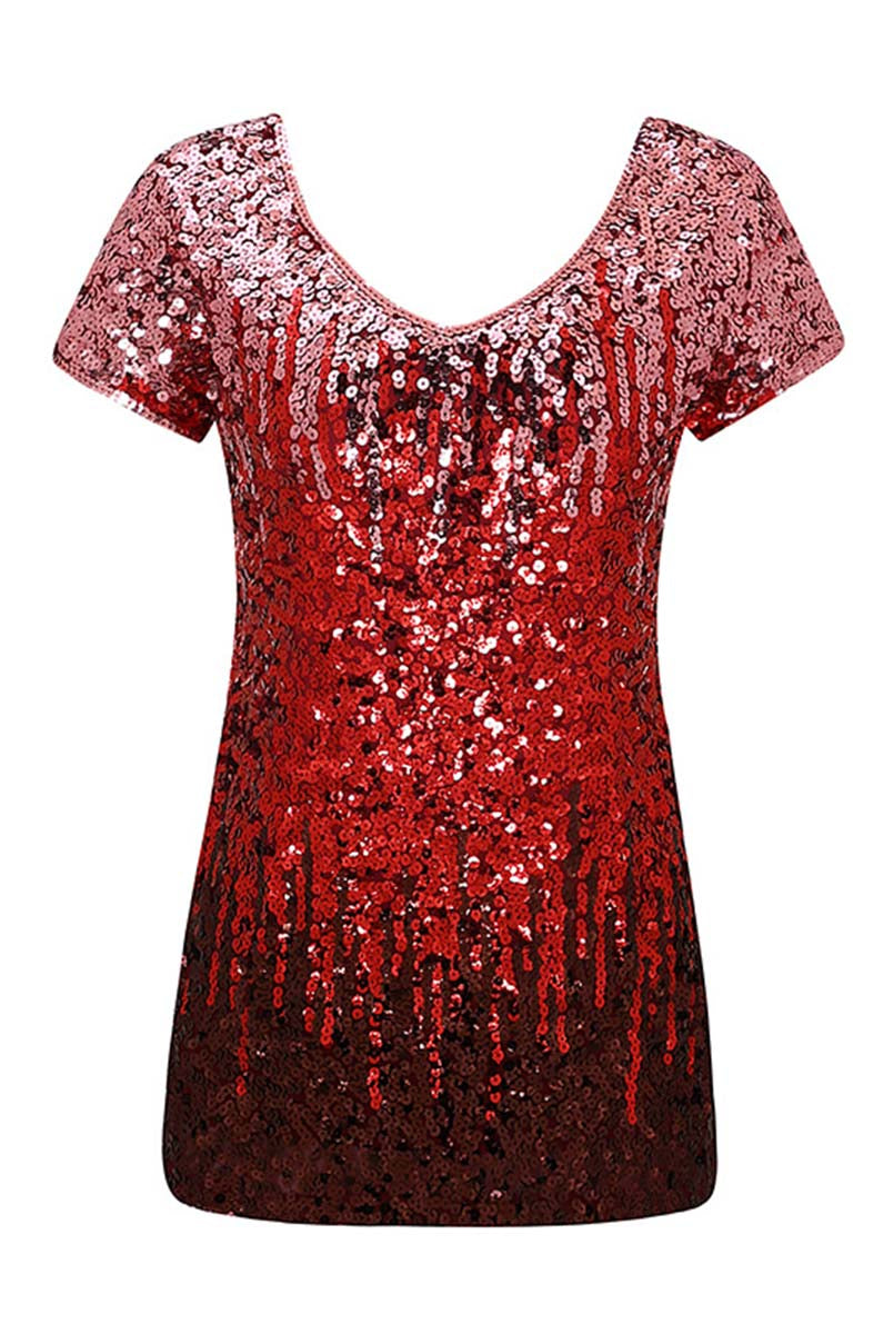 Stylish Gradient Sequin Tee with Short Sleeves and V-Neck