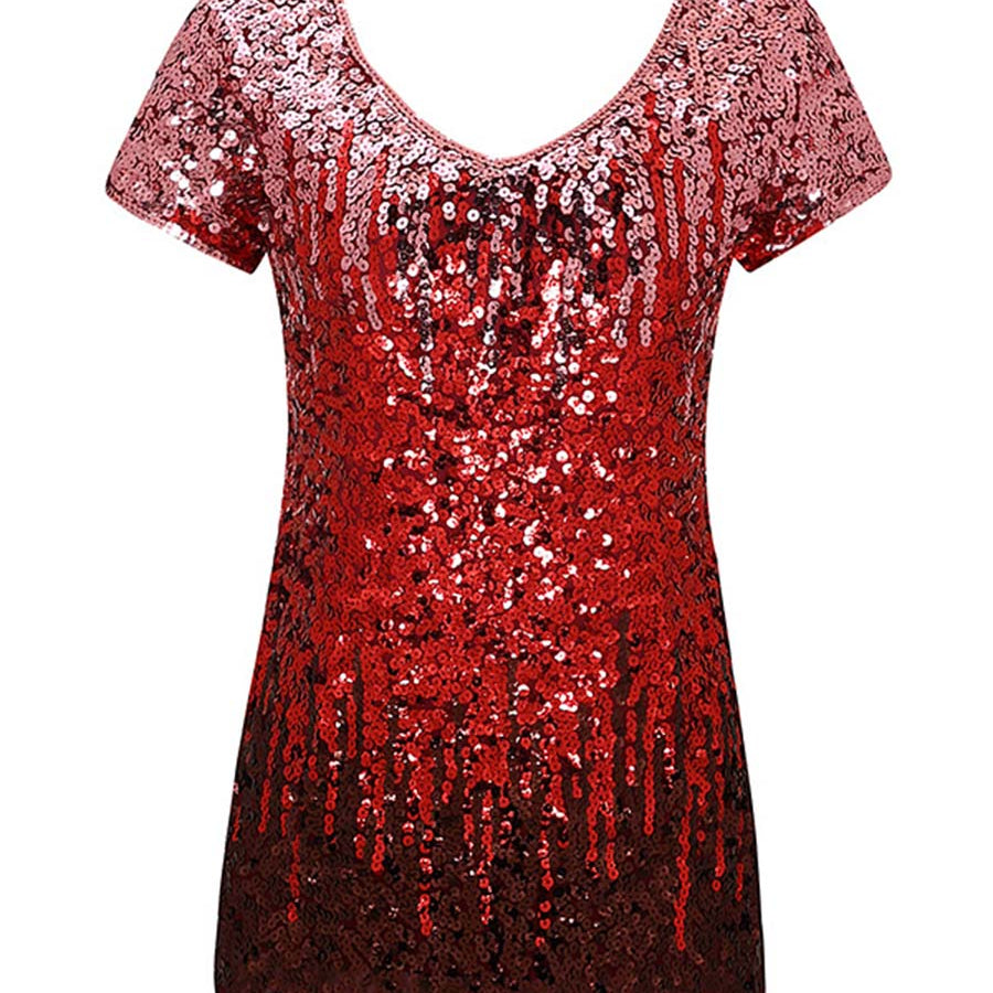 Stylish Gradient Sequin Tee with Short Sleeves and V-Neck