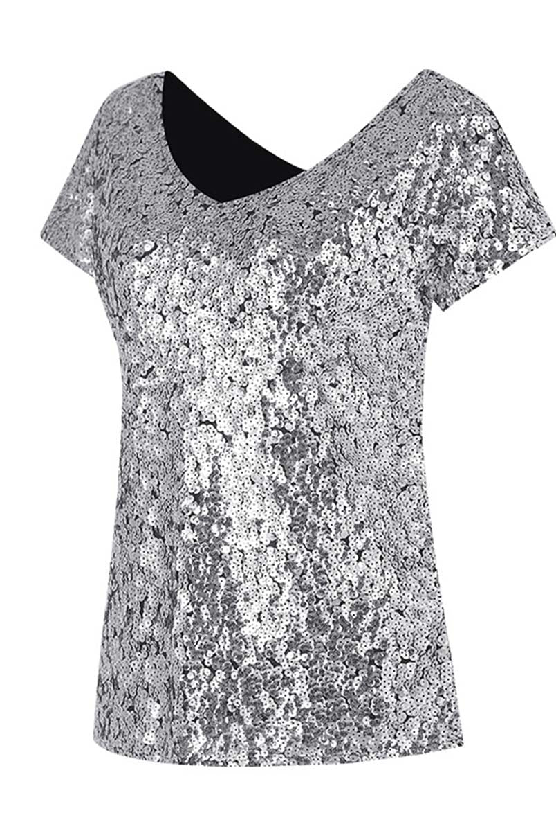 Sparkling Gradient Sequin Slim Fit T-Shirt with V-Neck