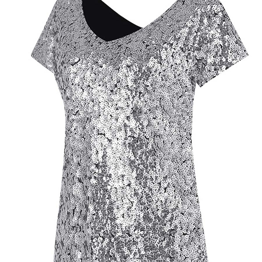 Sparkling Gradient Sequin Slim Fit T-Shirt with V-Neck