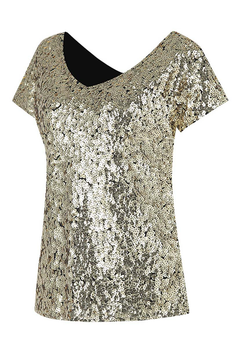 Fashionable Short-Sleeve V-Neck T-Shirt with Gradient Sequins