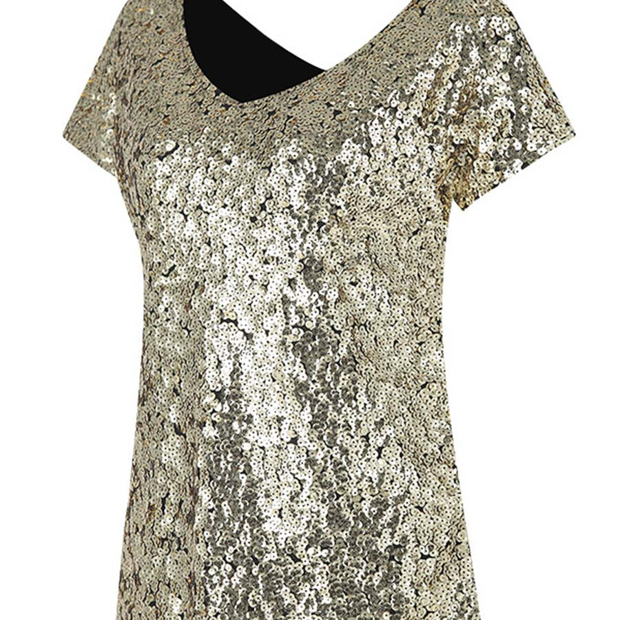 Fashionable Short-Sleeve V-Neck T-Shirt with Gradient Sequins