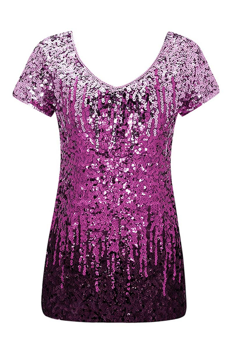 Chic Gradient Sequin V-Neck Tee - Short Sleeves, Slim Fit
