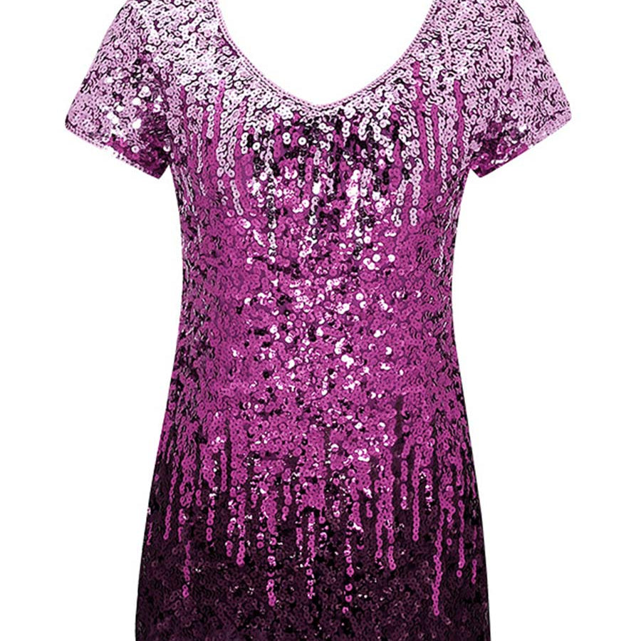 Chic Gradient Sequin V-Neck Tee - Short Sleeves, Slim Fit