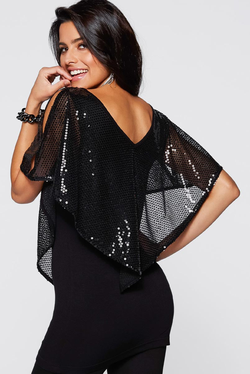 Fashionable Cape Sleeve Sequin V-Neck Tee