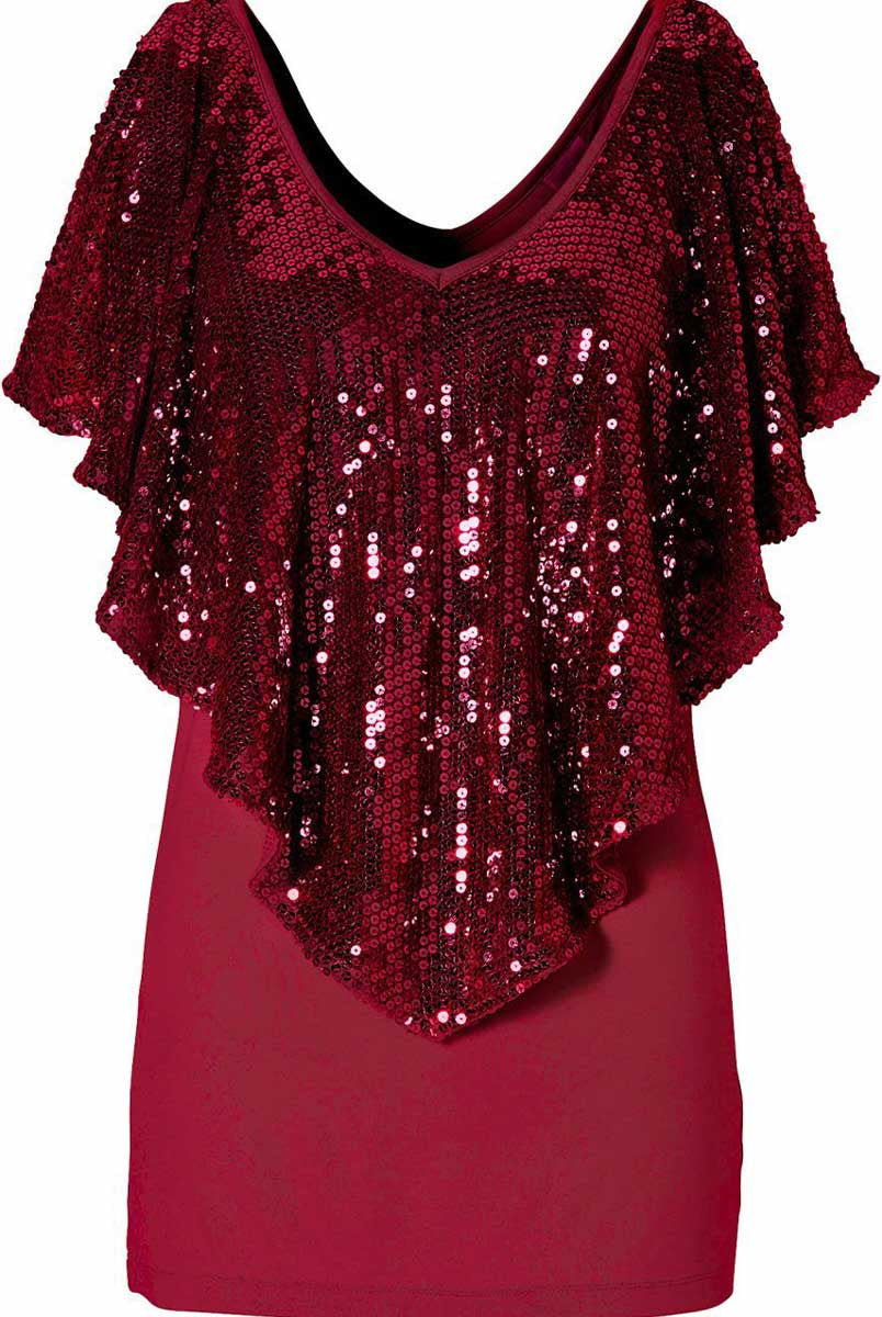 Stylish V-Neck Sequin Tee with Cape Sleeves