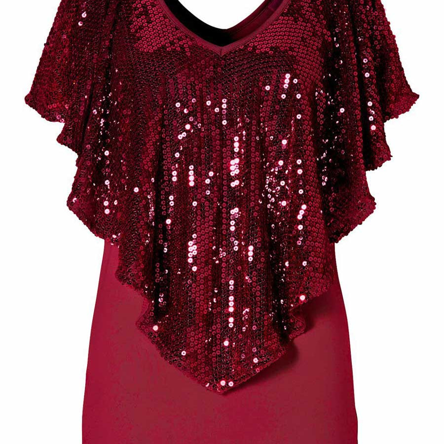 Stylish V-Neck Sequin Tee with Cape Sleeves