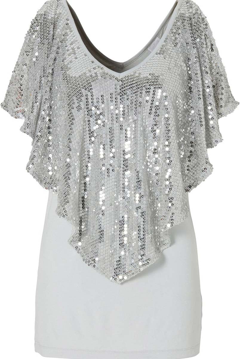 Sequin V-Neck Top with Flowy Cape Sleeves