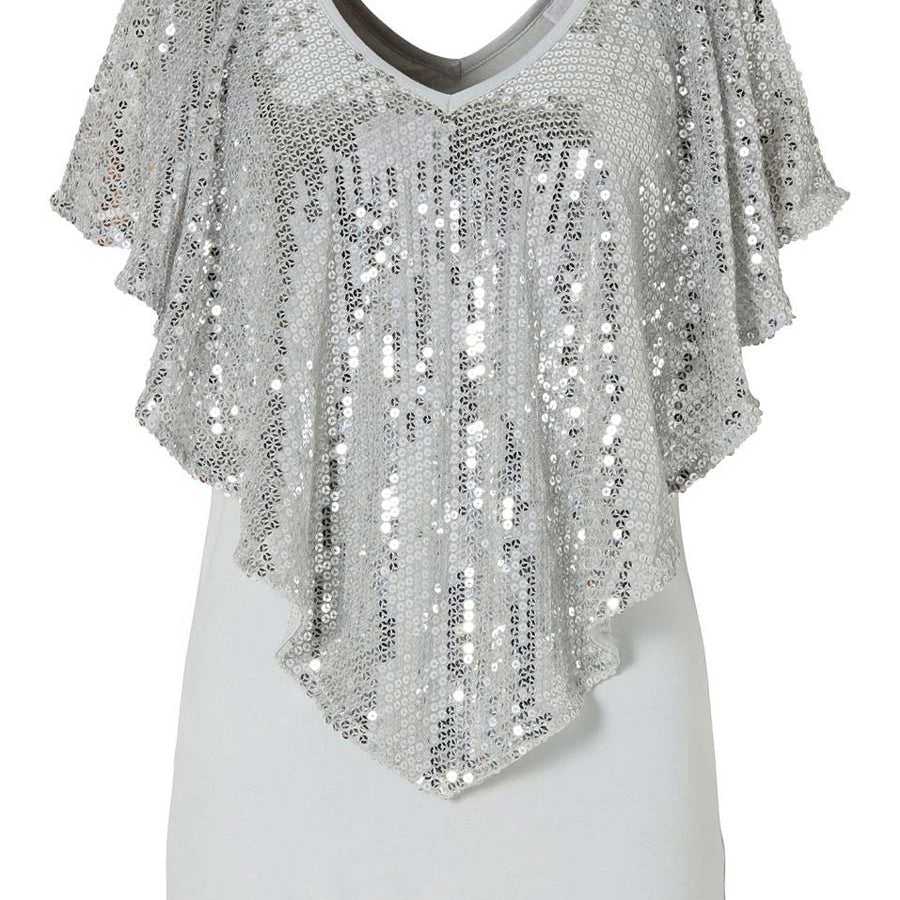 Sequin V-Neck Top with Flowy Cape Sleeves