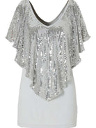 Sequin V-Neck Top with Flowy Cape Sleeves
