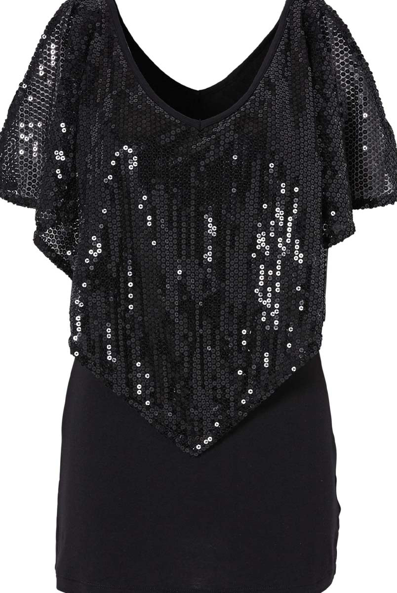 Cape Sleeve T-Shirt - Sequin V-Neck Detail