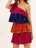 Colorful Sequin Patchwork Tiered Dress - One-Shoulder