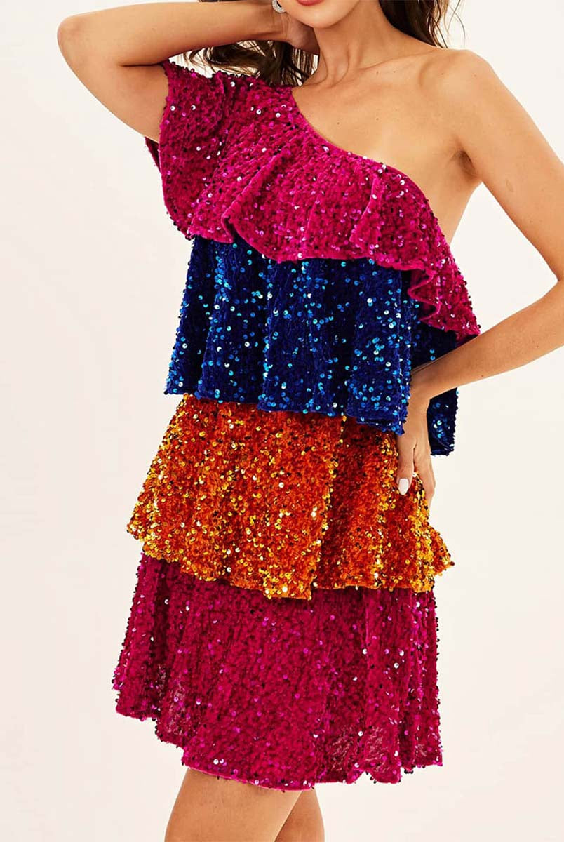 Tiered One-Shoulder Dress with Colorful Sequin Patchwork