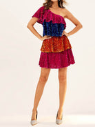 Sequin Patchwork Tiered Dress - Colorful One-Shoulder
