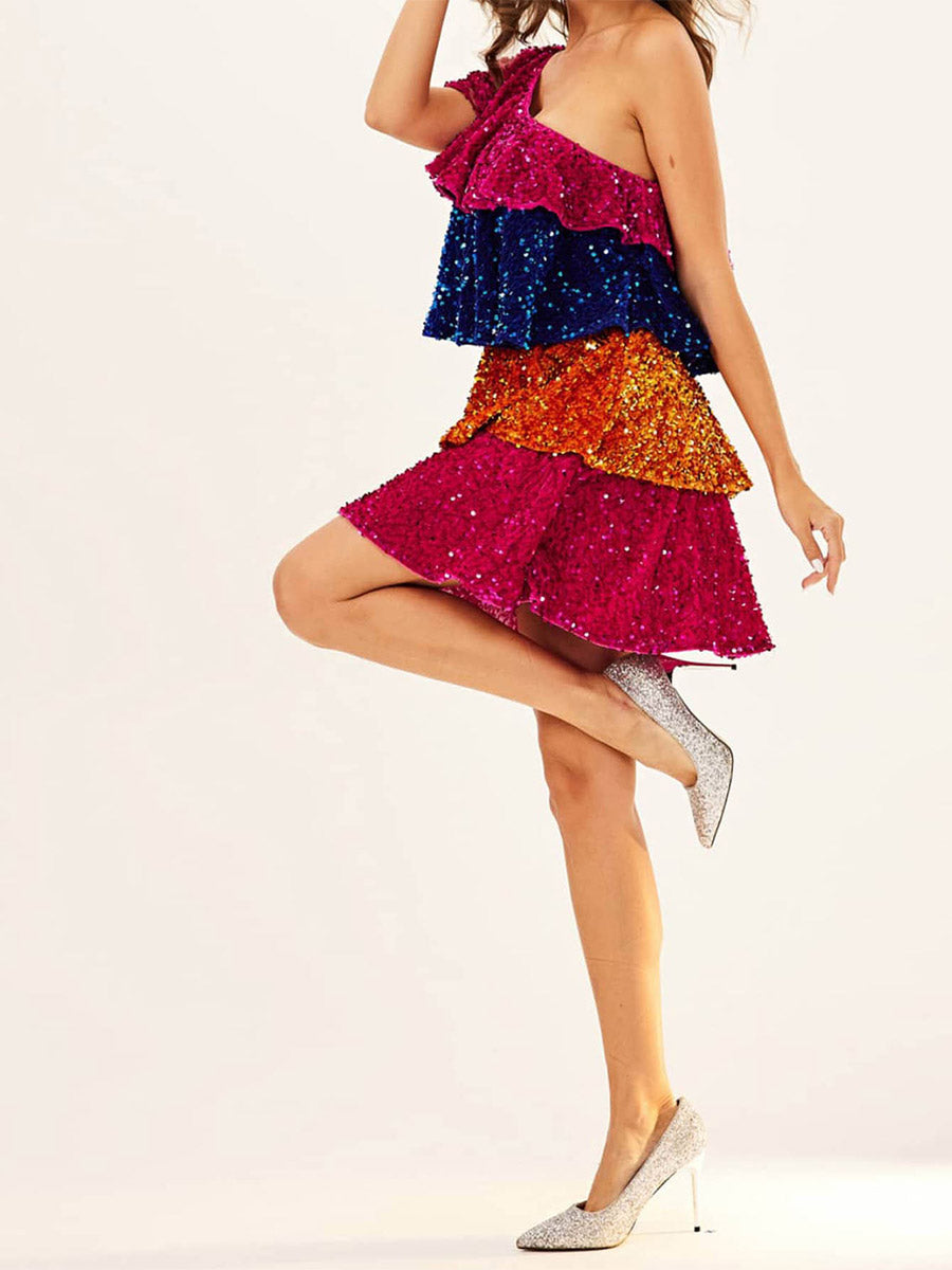 Vibrant One-Shoulder Sequin Patchwork Tiered Dress