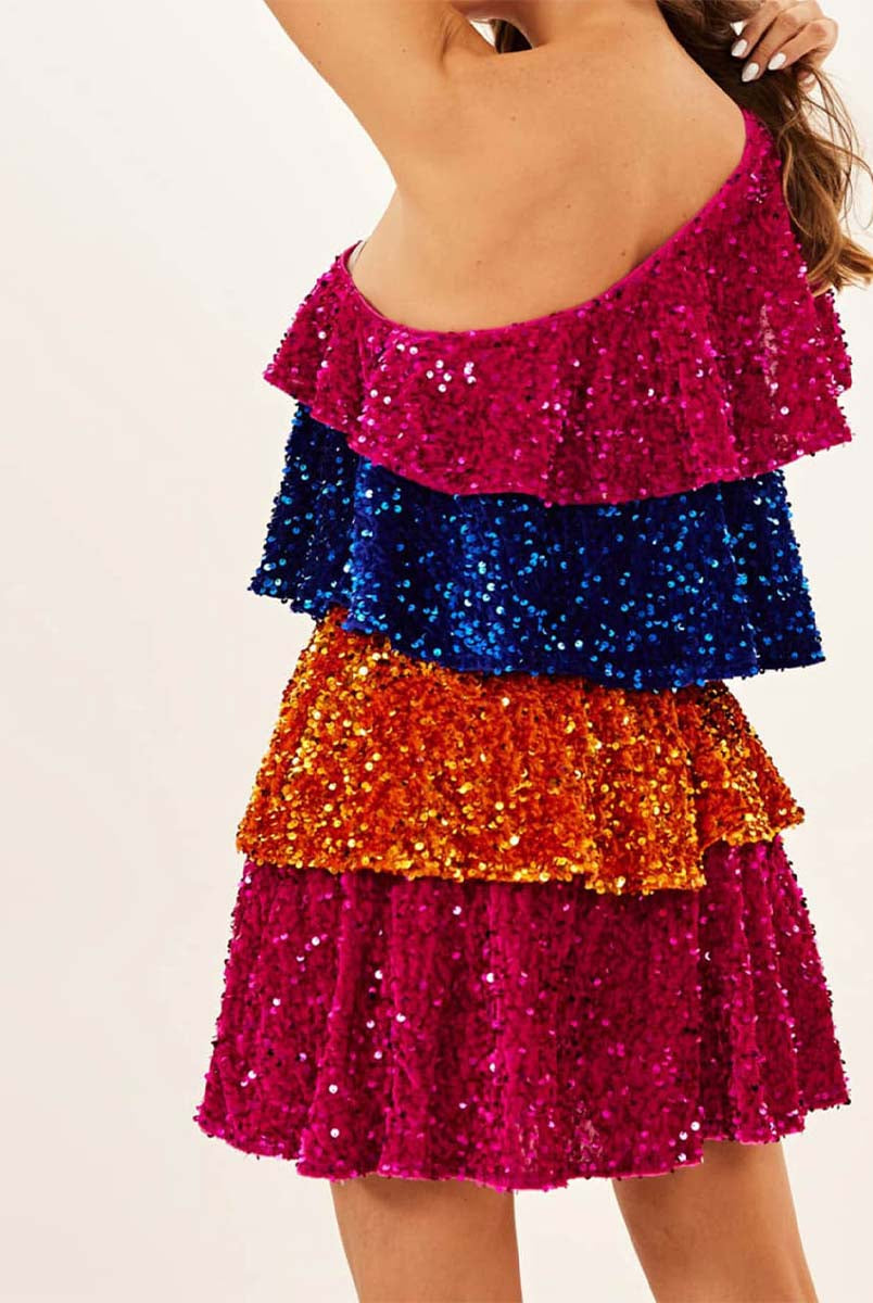 Patchwork Sequin Tiered Dress - Colorful One-Shoulder Design
