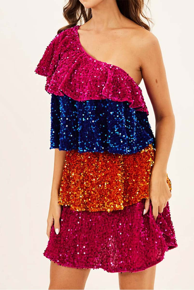 One-Shoulder Tiered Dress with Colorful Sequin Detail