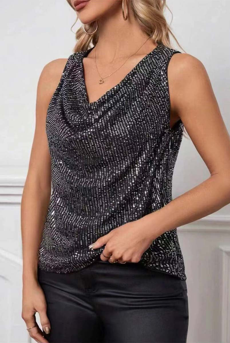 Draped V-Neck Sequin Top - Loose-Fit Pullover