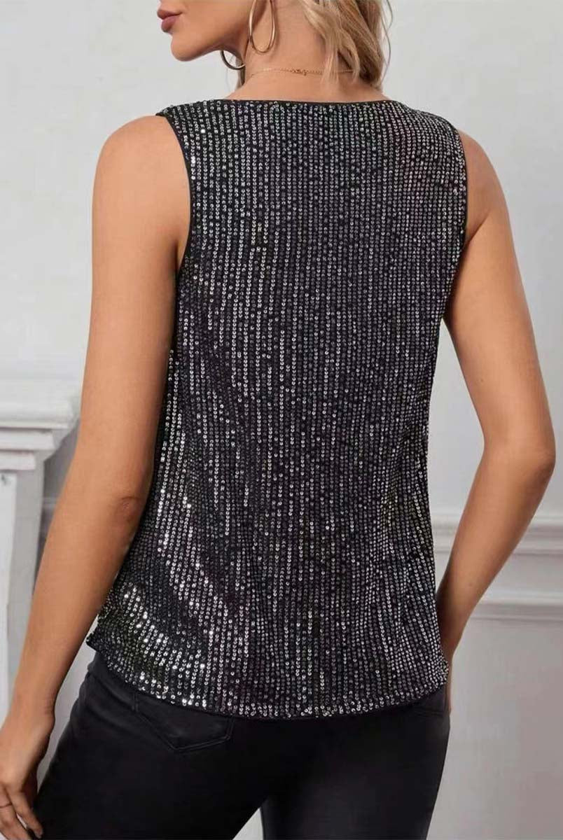 Casual Loose-Fit Sequin Pullover - Draped V-Neck