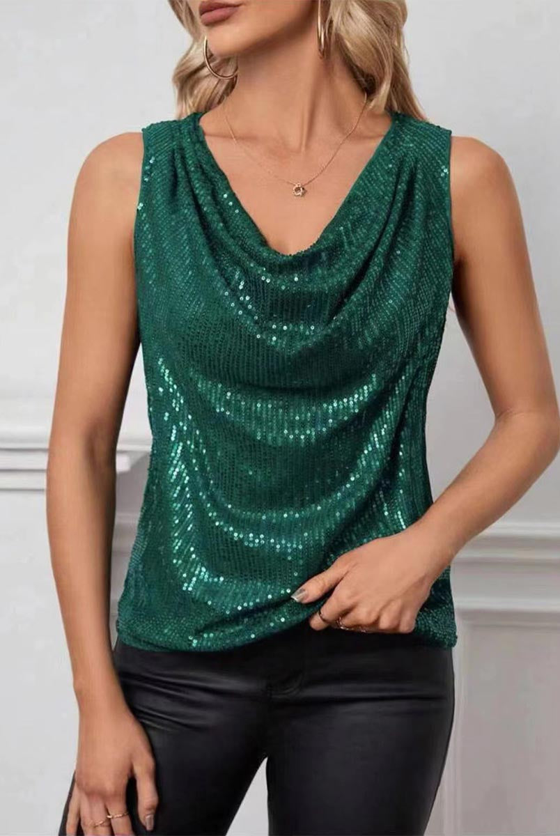 Sequin Pullover with Flowy Draped V-Neck - Loose Fit