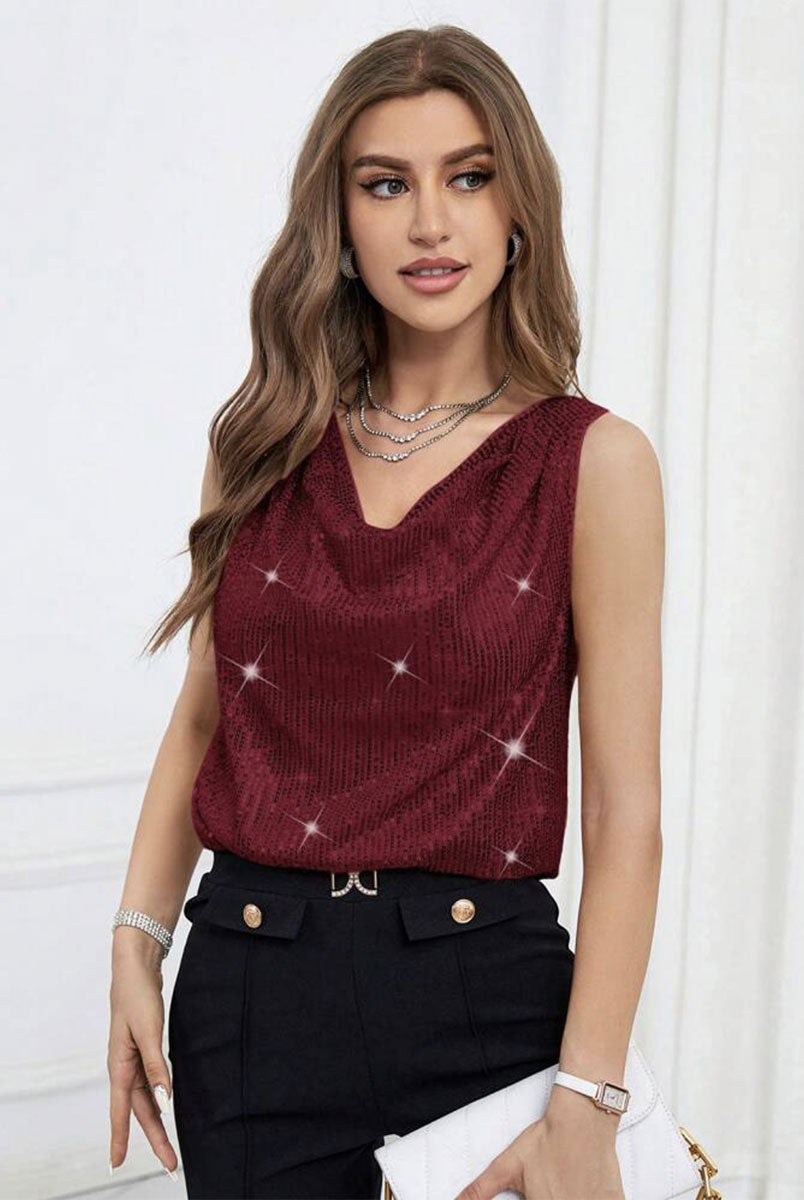 Relaxed Fit Sequin Pullover - Draped V-Neck Design