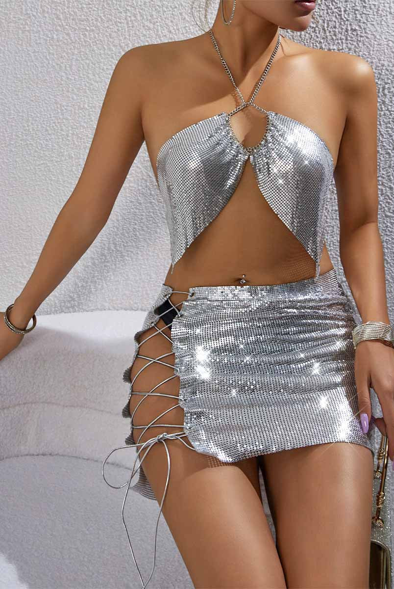 Glamorous Silver Sequin Backless Two-Piece - Metallic Sexy