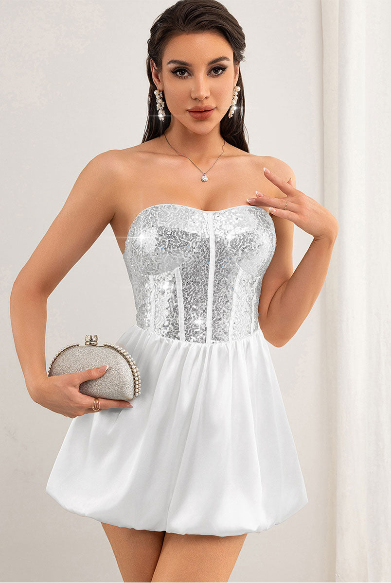 Silver Sequin Patchwork Strapless White Dress