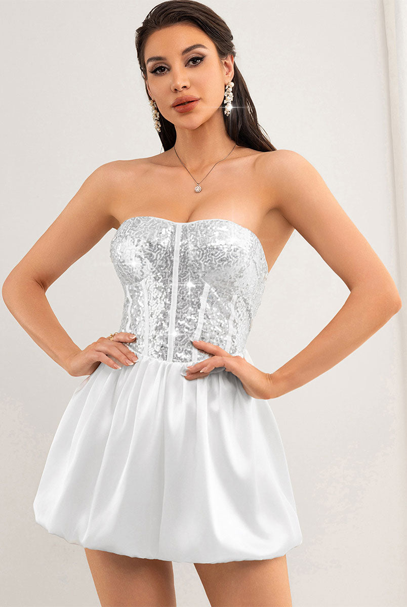 Silver and White Sequin Patchwork Strapless Dress