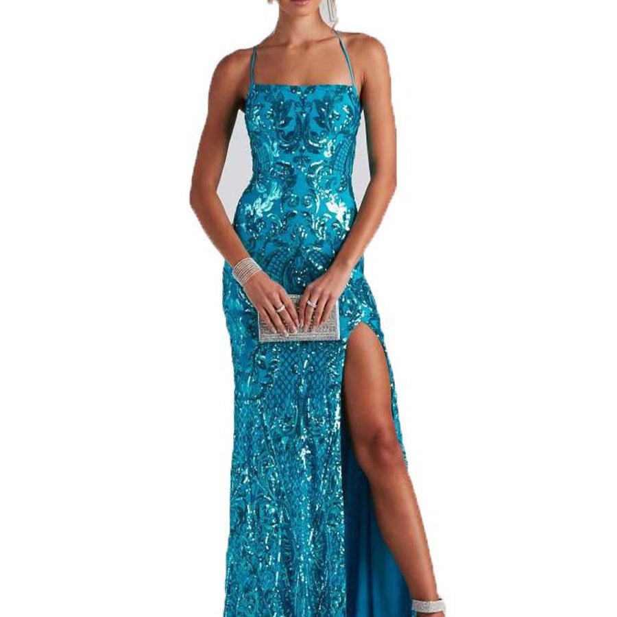 Elegant Off-the-Shoulder Sequin Gown with Slit for Evening Parties