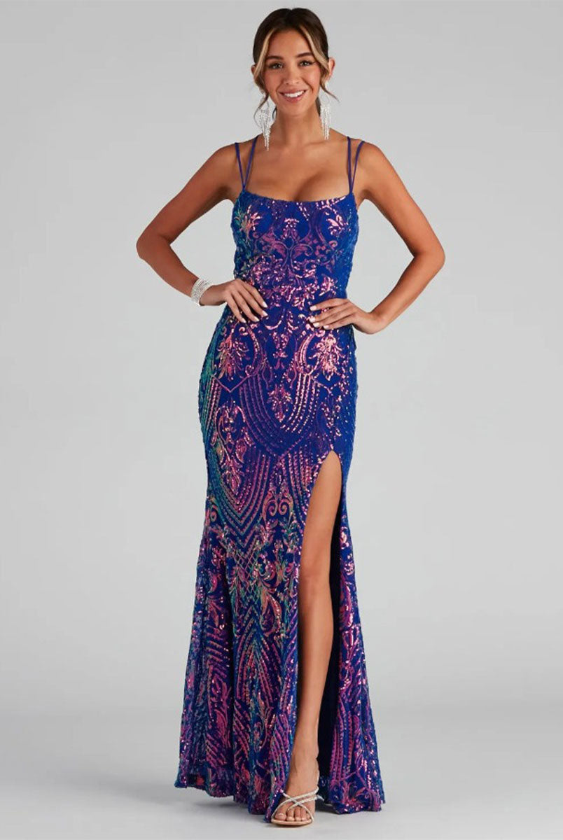 Long Sequin Evening Gown with High Slit and Spaghetti Straps