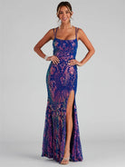 Long Sequin Evening Gown with High Slit and Spaghetti Straps