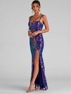 High-Slit Sequin Evening Gown - Long with Spaghetti Straps