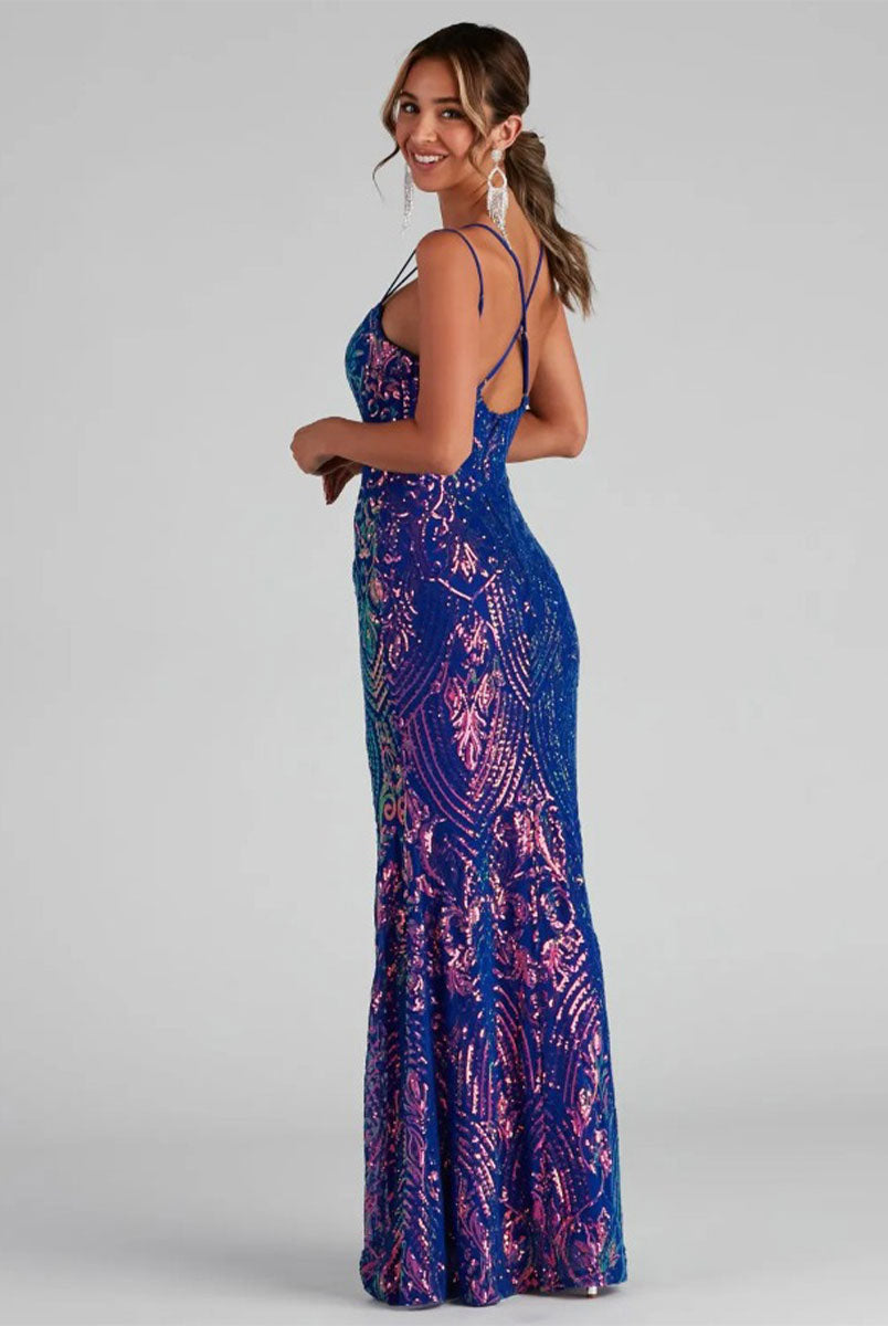 Sequin Spaghetti Strap Evening Gown - Long High-Slit Design