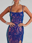 Elegant Long Evening Gown - Sequin, High-Slit, Spaghetti Strap