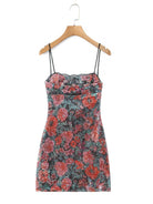 Vintage French Inspired Rose Sequin Spaghetti Strap Dress
