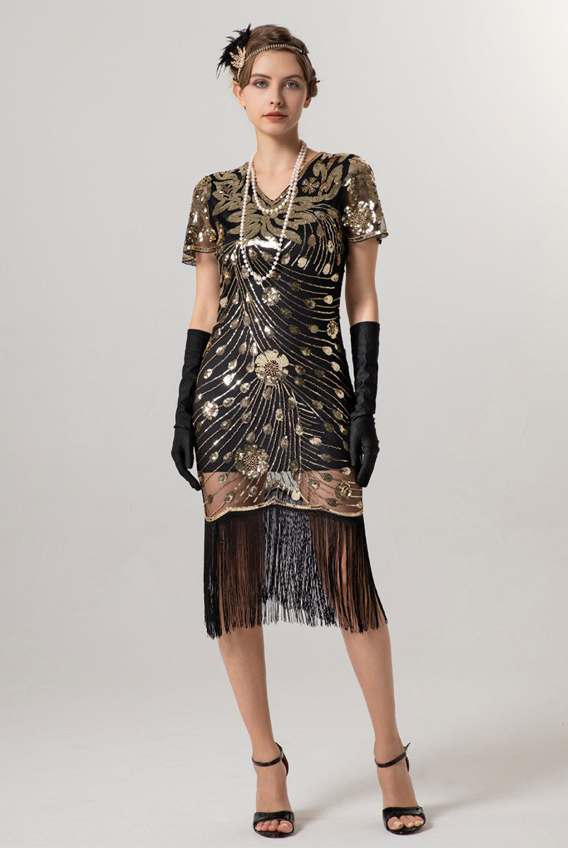 1920s Flapper Short-Sleeve Slim Fit Party Gown