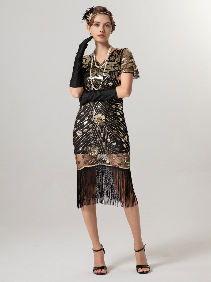 Vintage 1920s Short-Sleeve Slim Fit Party Gown