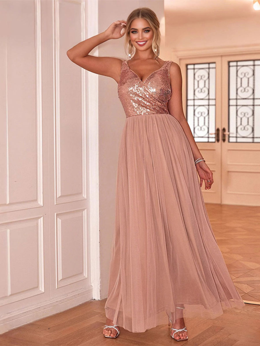 Sleeveless V-Neck Evening Gown with Sequin Chiffon Patchwork